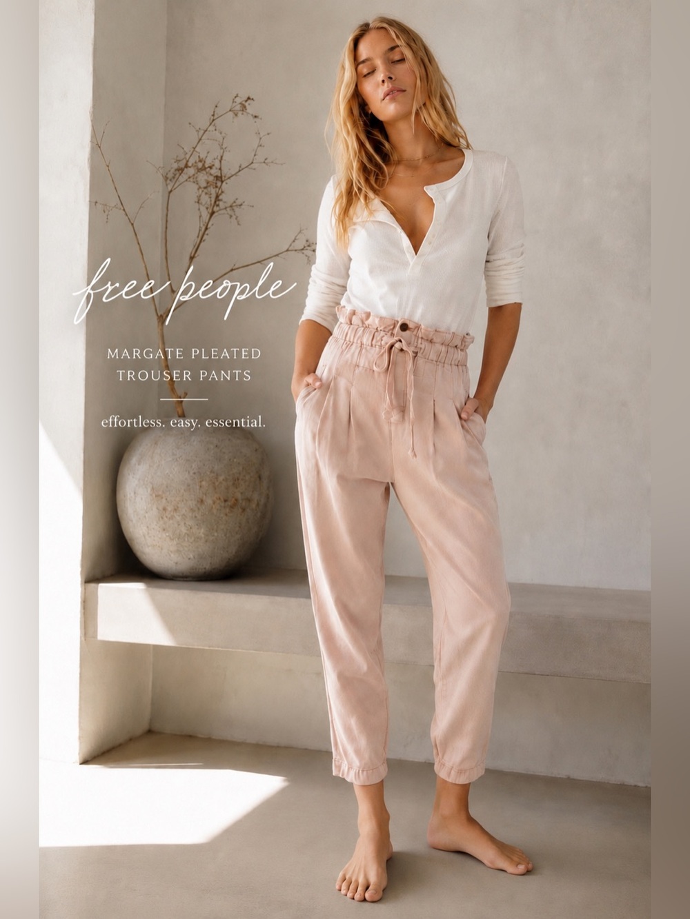 Free People Margate Pleated Trouser Pants Paperbag Waist XS Pink Minimalist A7
